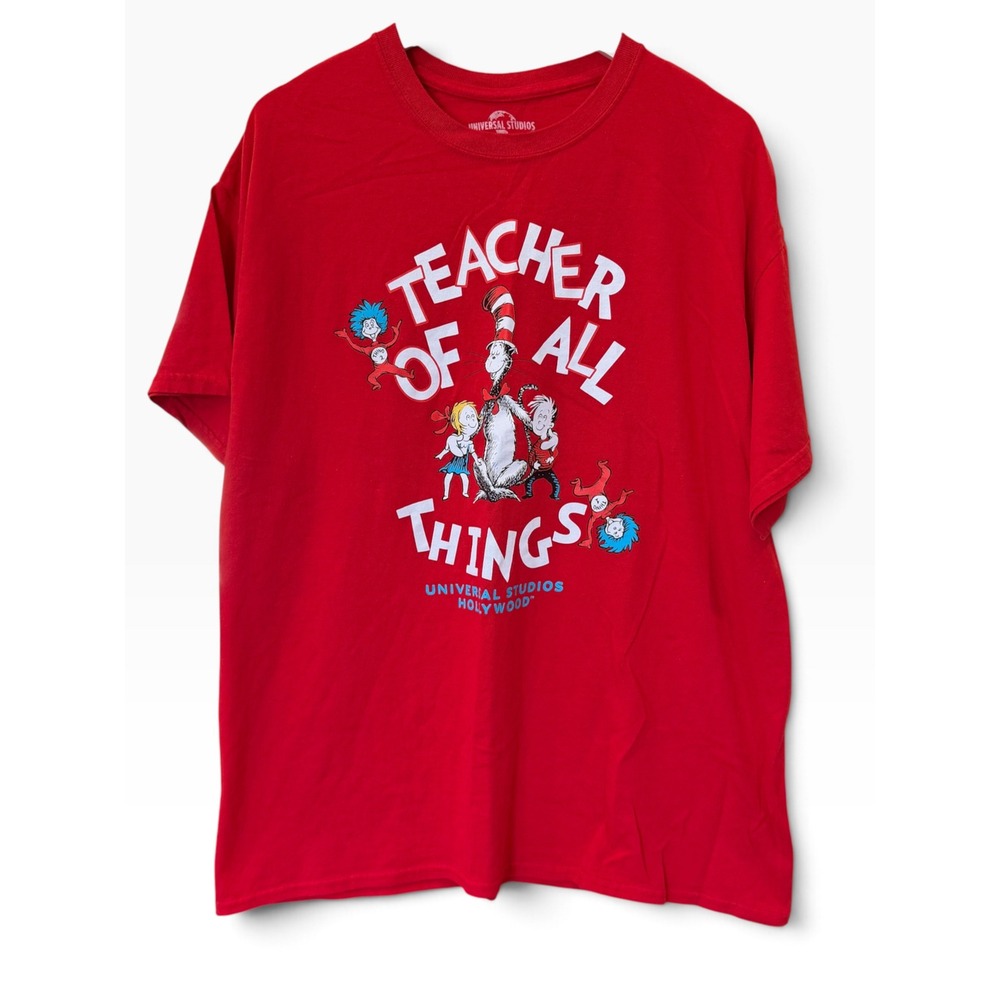 Universal Studios T-Shirt Mens XL Red Dr Seuss Teacher of All Things Cotton Tee
